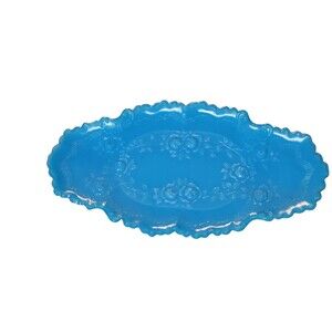 Vintage Turquoise Dish Rose Pattern Dresser Tray Glass 9.25" X 4.75" READ